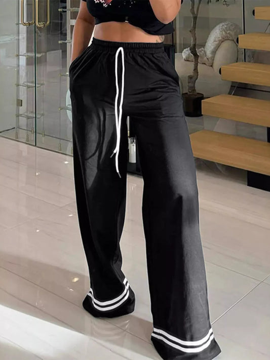 Wide-Leg Pants with Striped Hem in Black