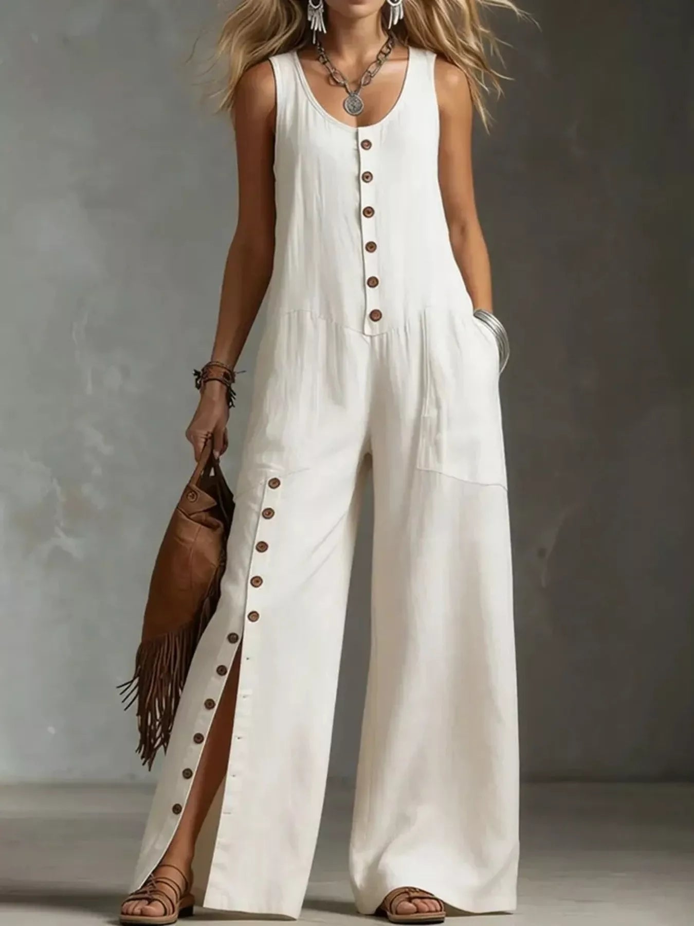 Sleeveless Button-Down Wide-Leg Jumpsuit