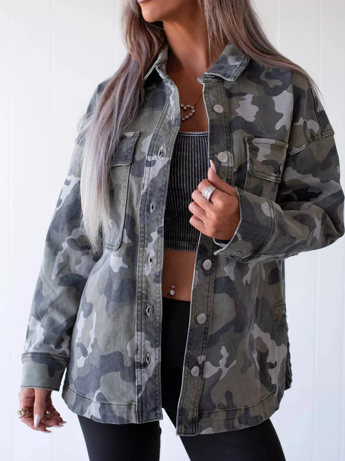 Oversized Camouflage Denim Jacket in Olive Green