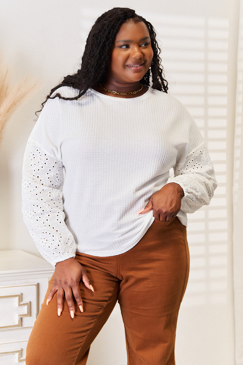 Eyelet Dropped Shoulder Blouse in White