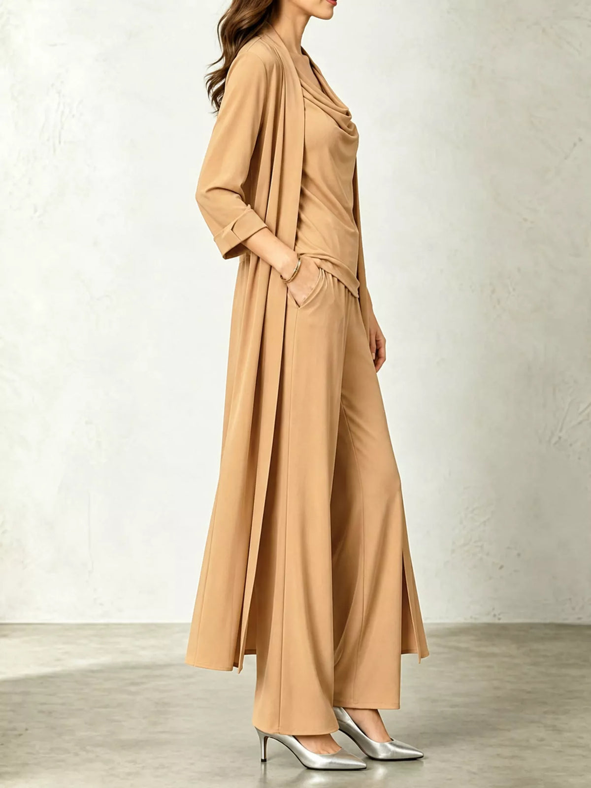 Cowl Neck Top, Cardigan and Pants Set