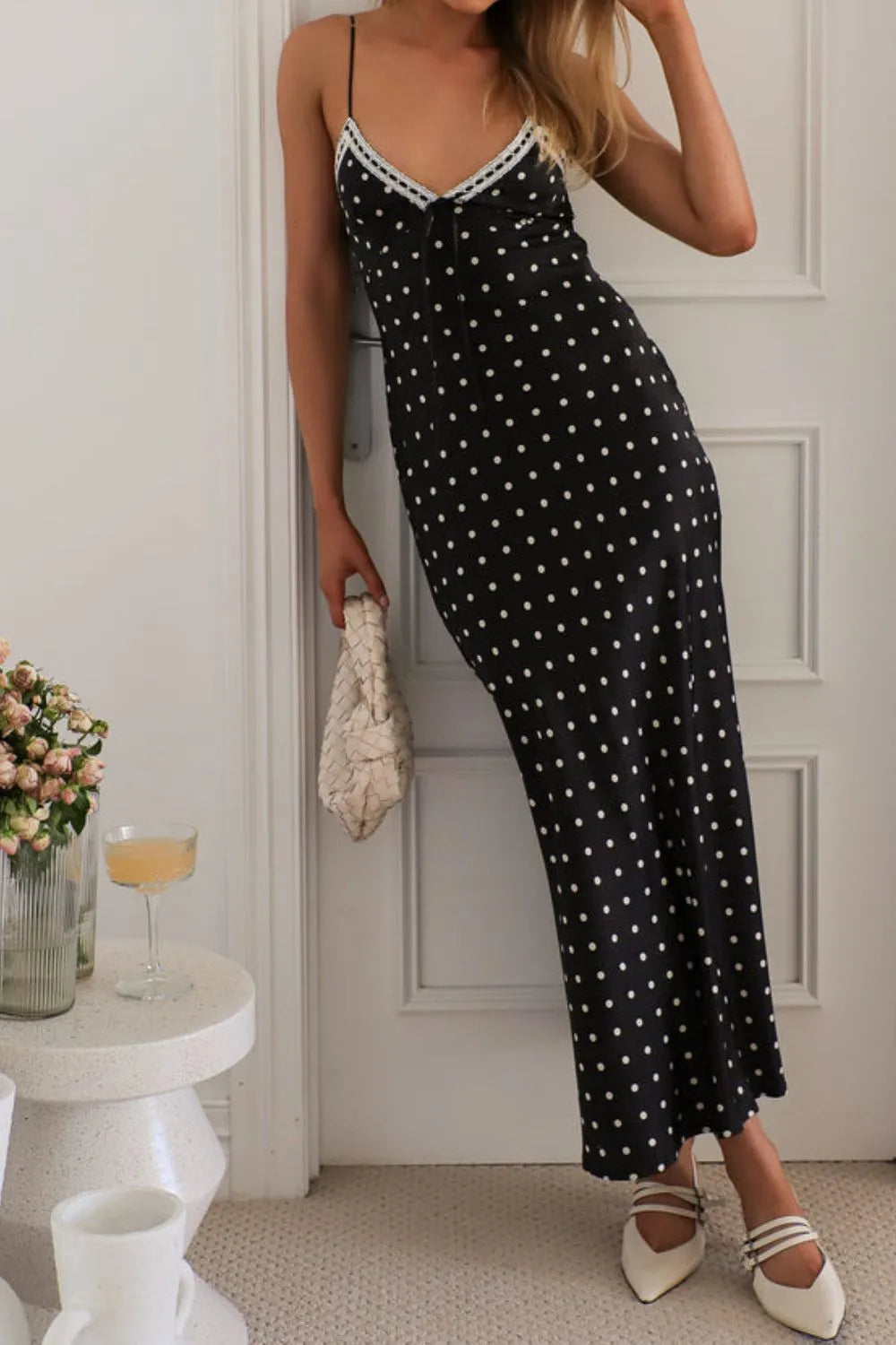 Polka Dot Midi Cami Dress in Black
