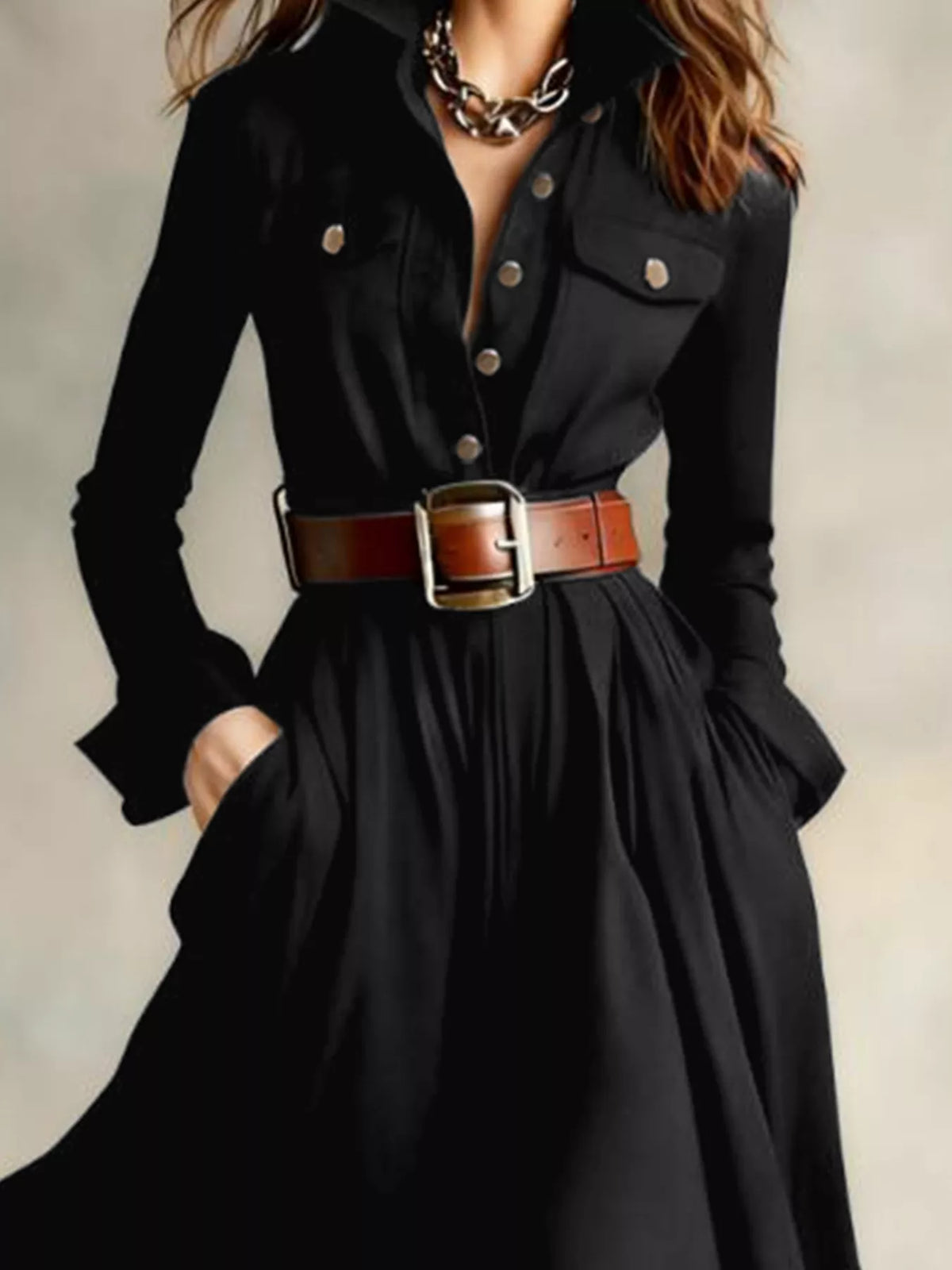 Button-Front Long Sleeve Maxi Dress in Black