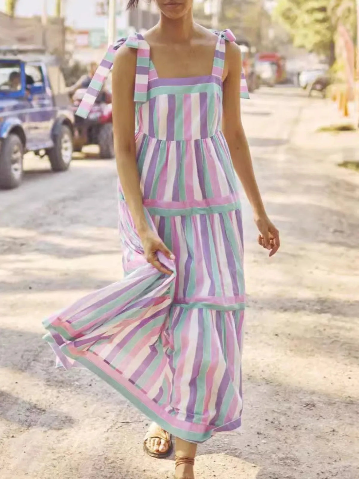 Striped Tiered Maxi Dress with Bow Ties in Pink Purple