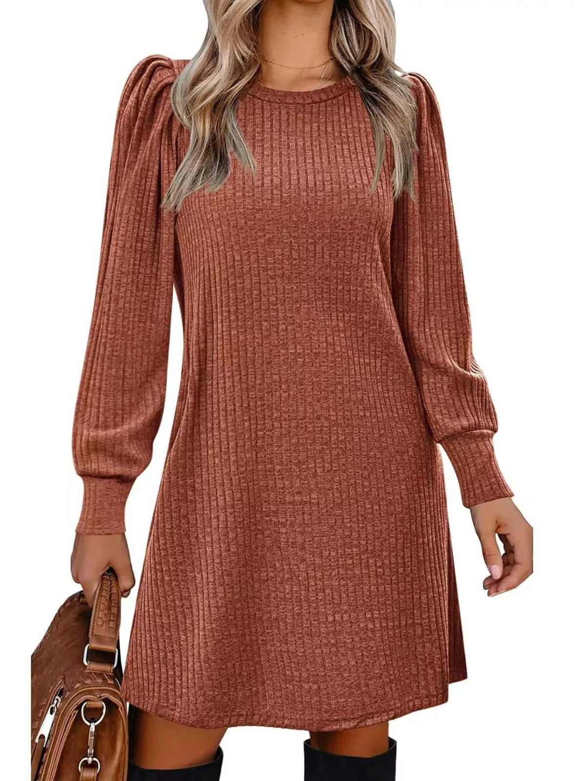 Puff Sleeve Ribbed Knit Dress with Pockets