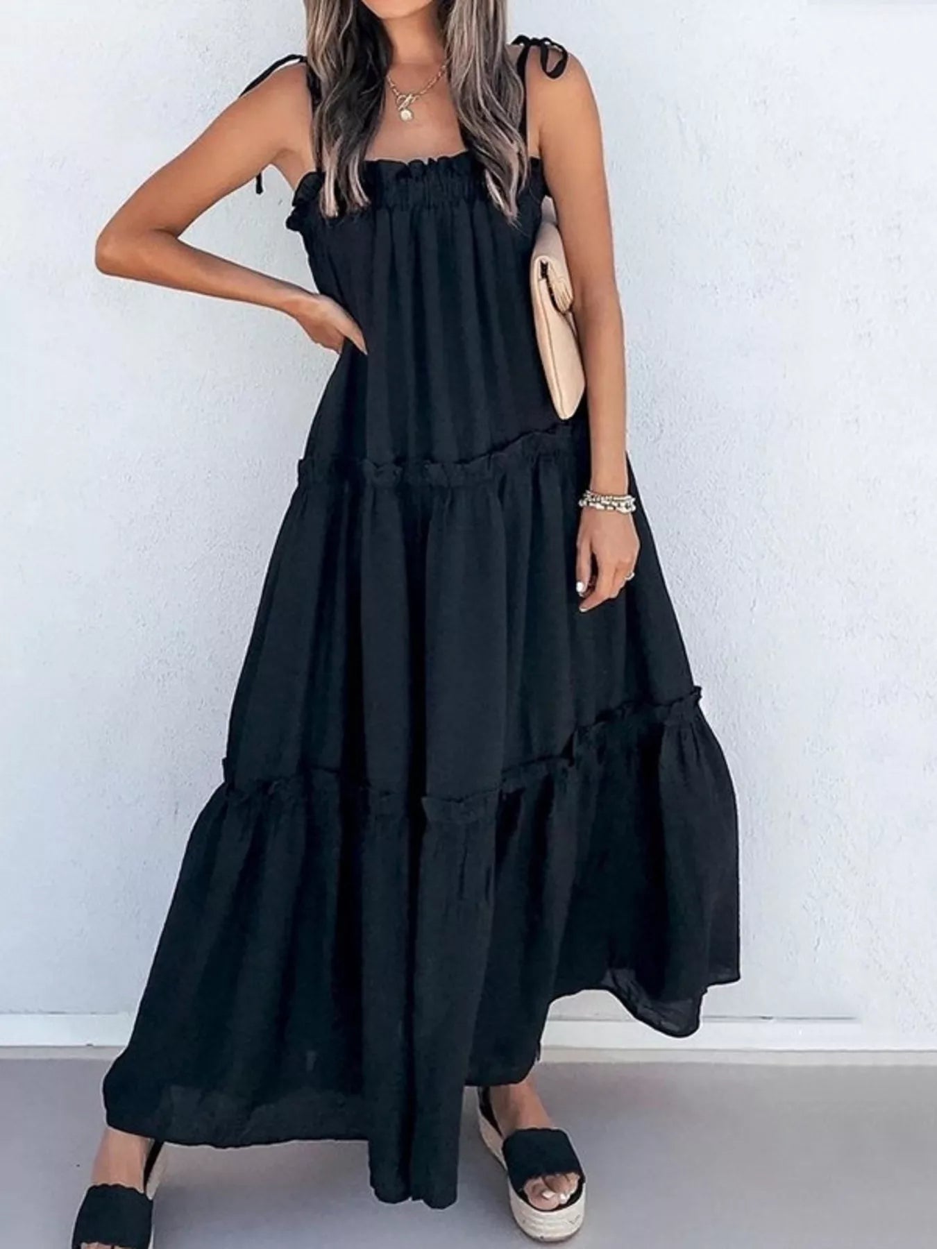 Tiered Ruffle Maxi Dress in Black