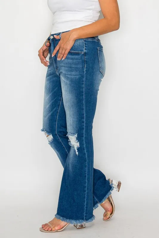 Raw Hem Distressed High Rise Bootcut Jeans in Medium Wash