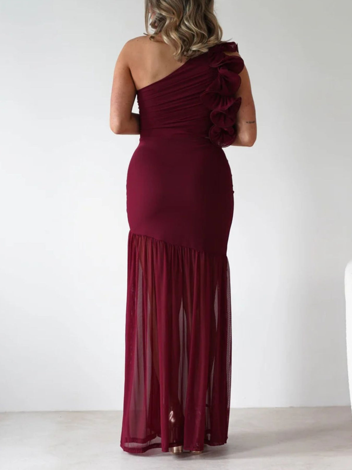 One-Shoulder Ruffle Trim Maxi Dress