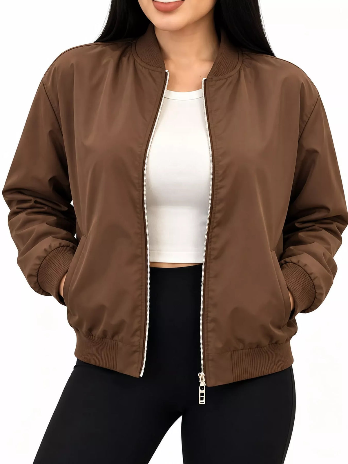 Ribbed Zip-Up Bomber Jacket