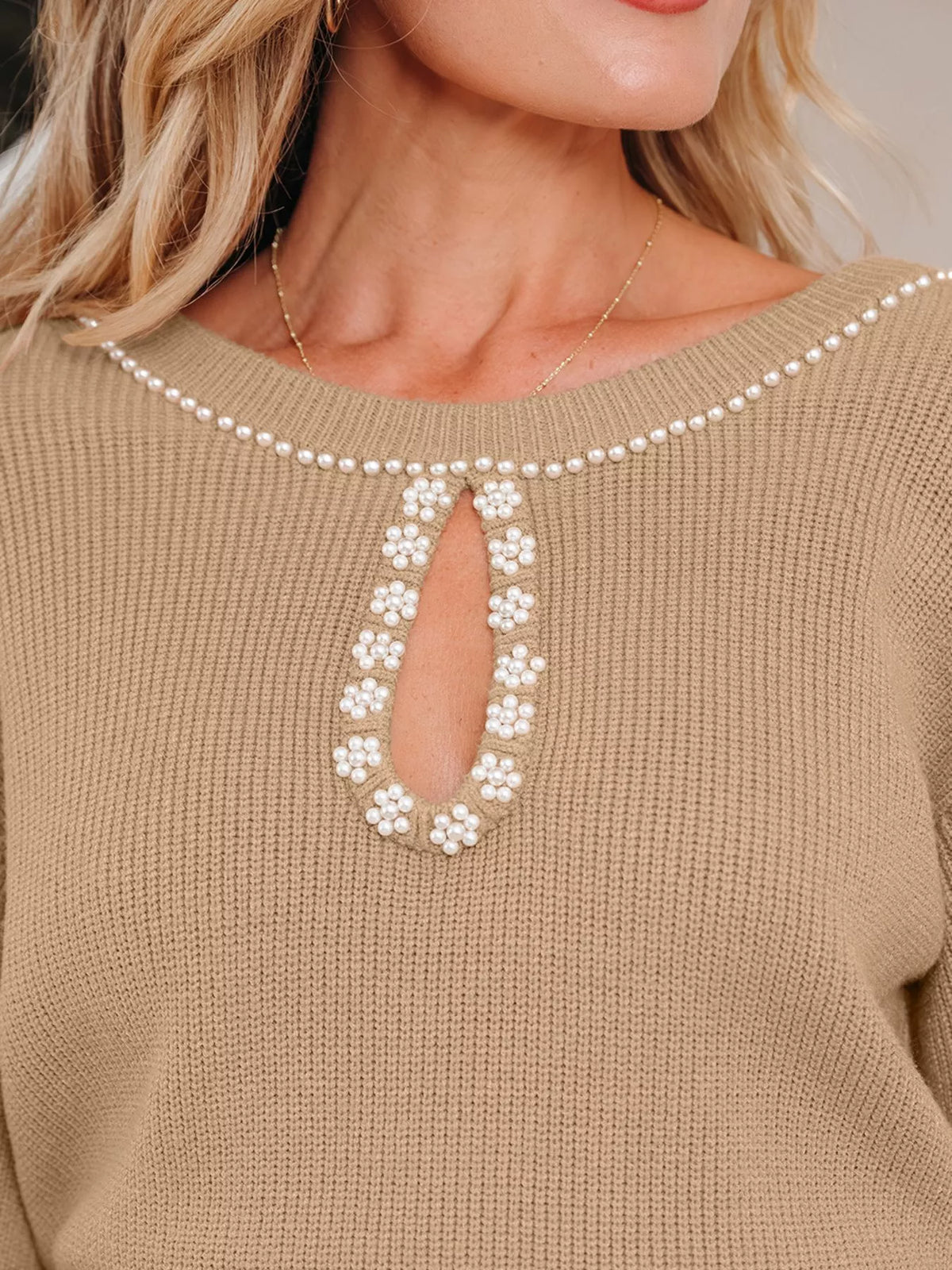 Pearl Embellished Keyhole Sweater Dress in Camel