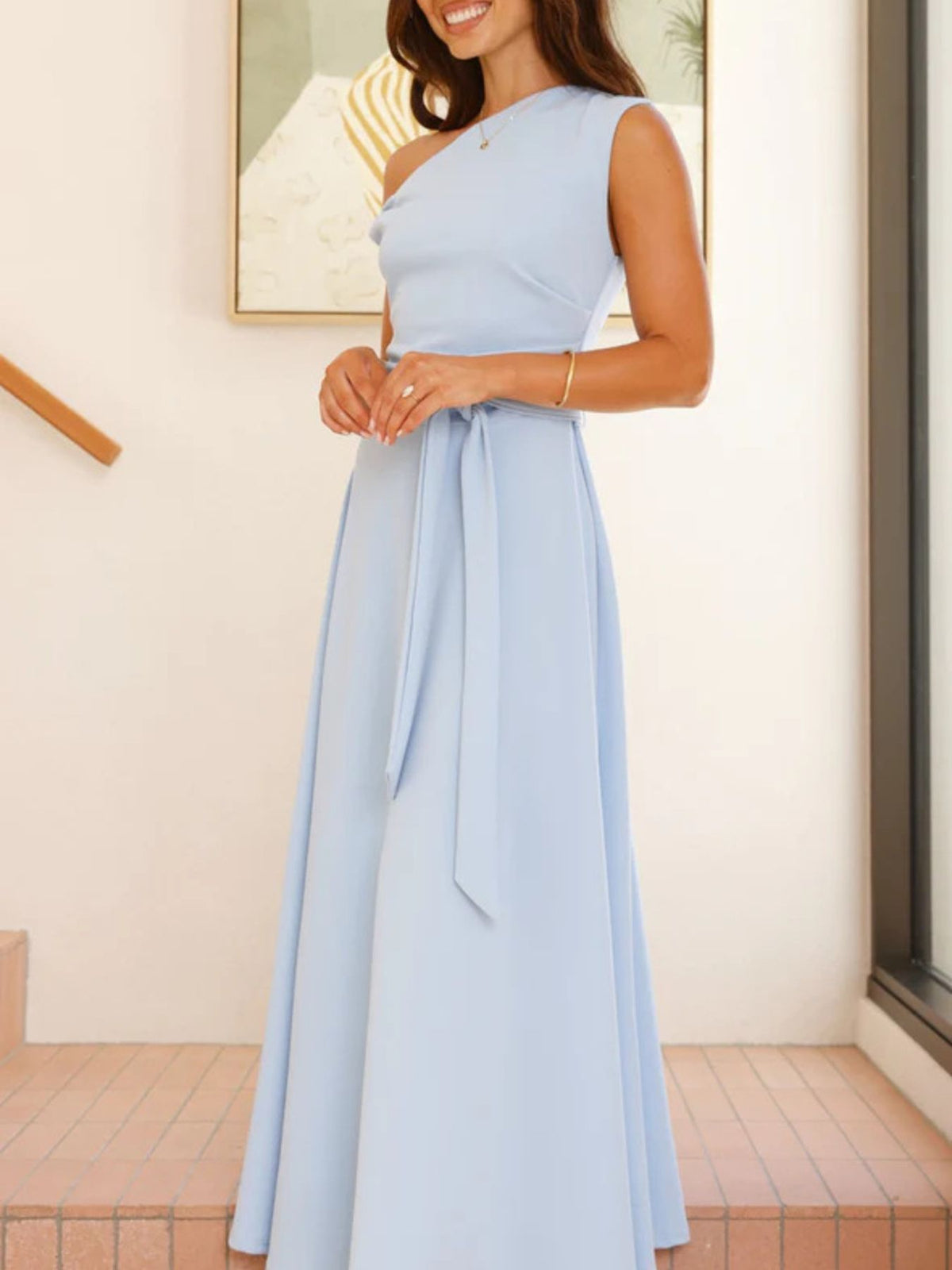 One-Shoulder Tie Waist Maxi Dress