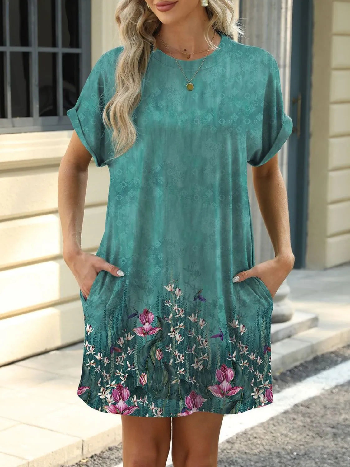 Printed Round Neck Mini Dress