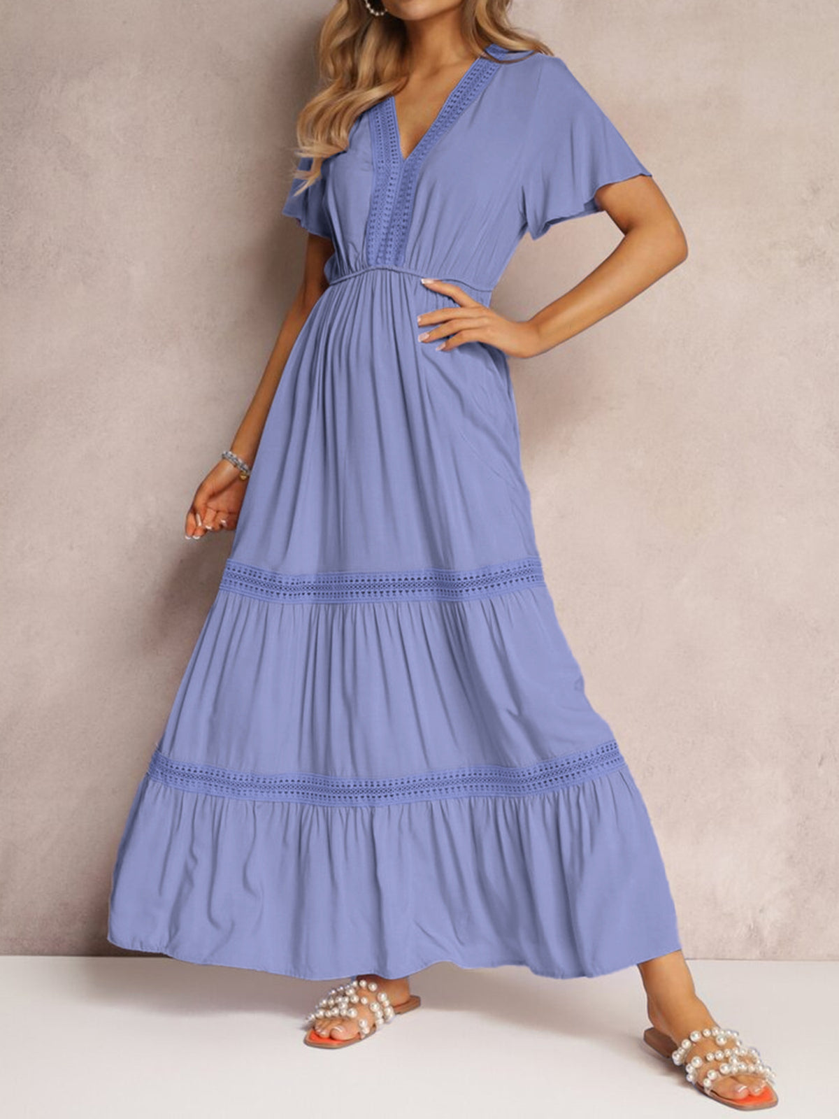 Lace Detail Tiered Maxi Dress in Blue Purple