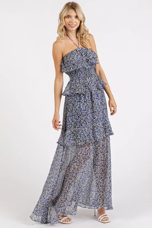Ruffled Smocked Halter Maxi Dress in Dark Navy by Mittoshop