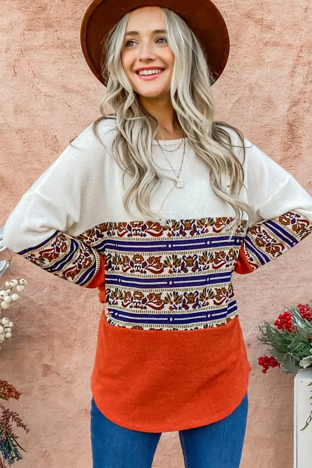 And The Why Ethnic Print Color Block Top in Rust