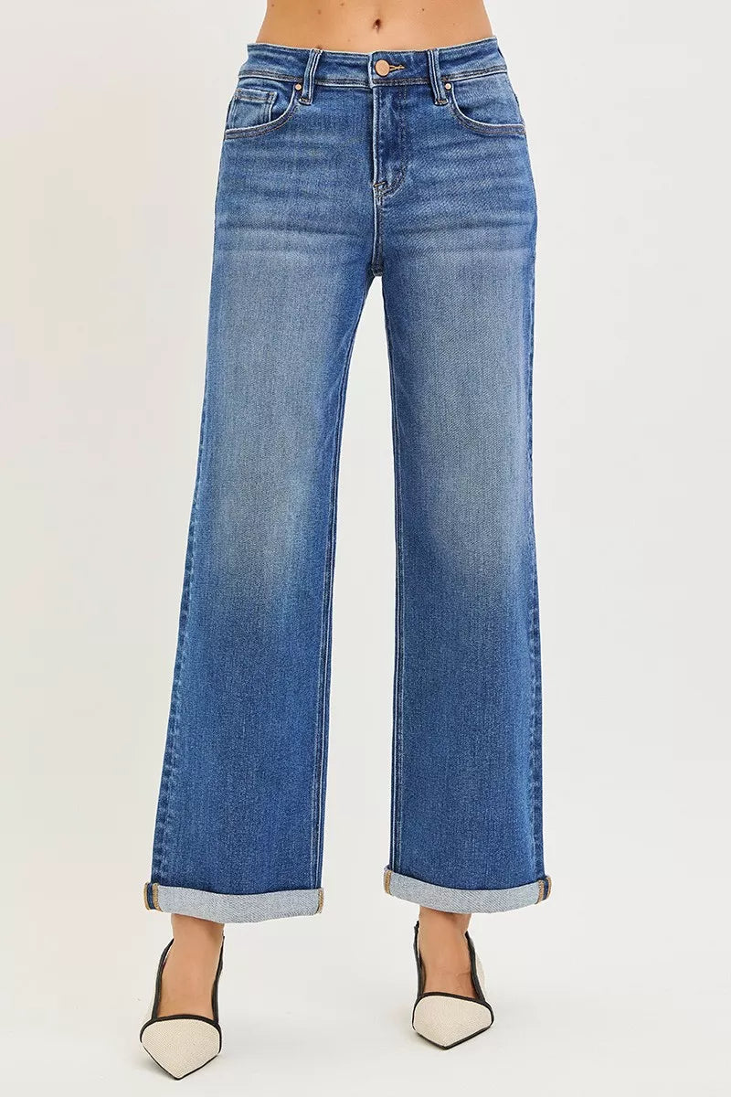 Risen Relaxed Fit Ankle Straight Jeans in Medium Wash