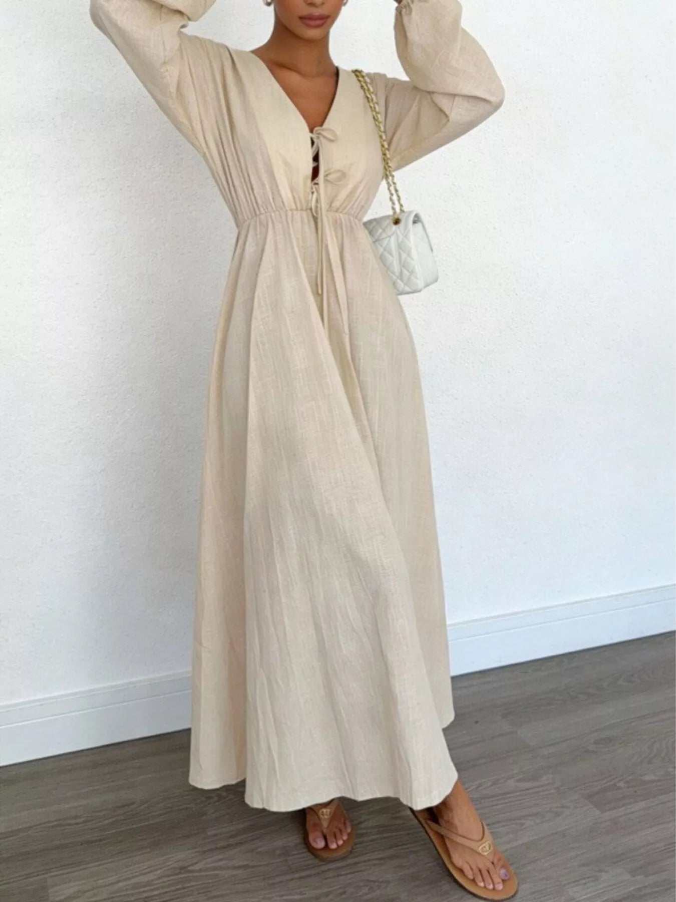 Tie-Front Balloon Sleeve Maxi Dress in Beige