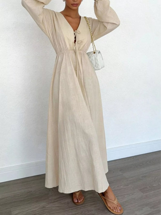 Tie-Front Balloon Sleeve Maxi Dress in Beige