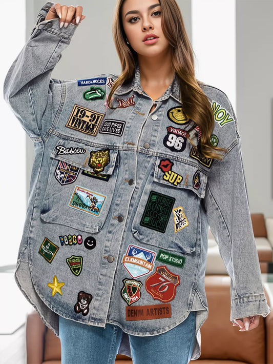 Embroidered Patch Button-Up Denim Jacket