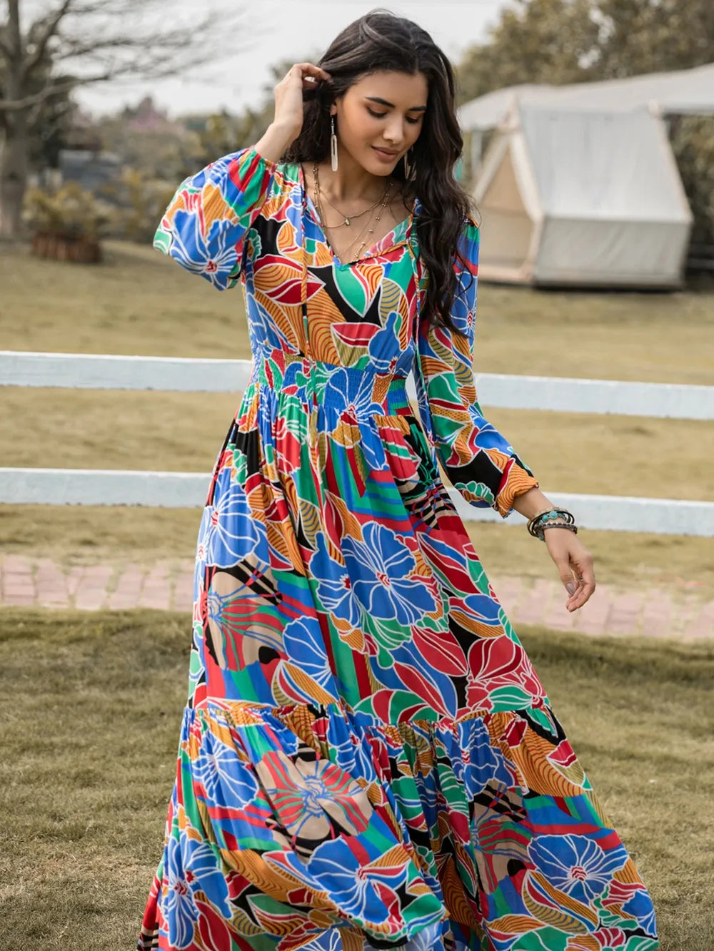 Multicolor Smocked Balloon Sleeve Maxi Dress
