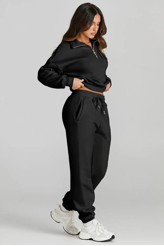 Quarter Zip Top and Drawstring Pants Set in Black