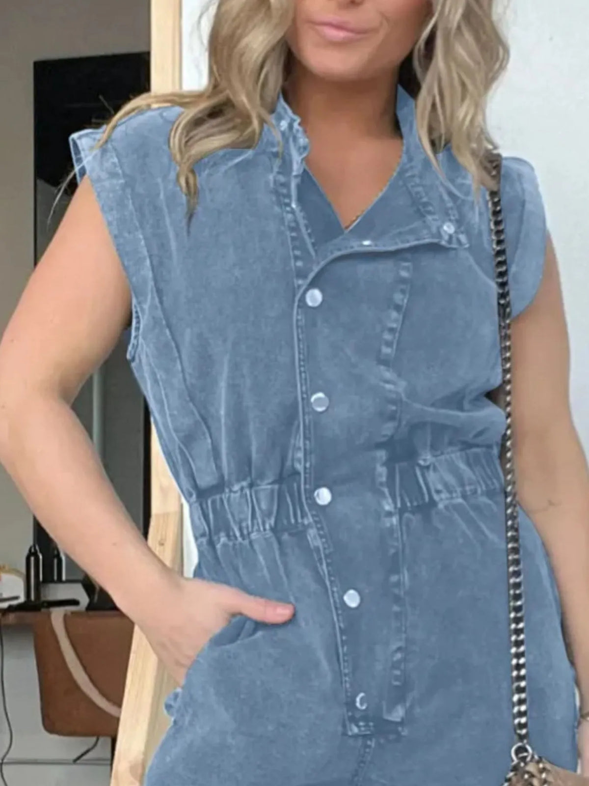 Button Front Cap Sleeve Denim Jumpsuit