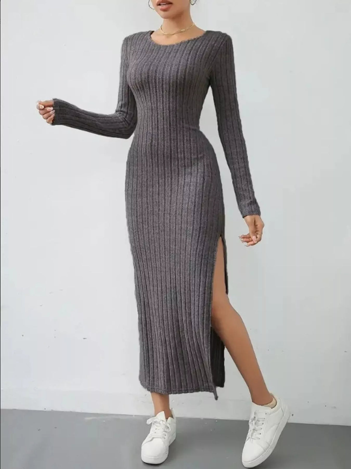 Side Slit Ribbed Knit Dress