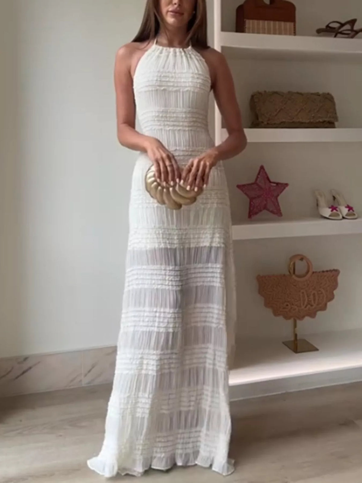 Ruched Halter Neck Maxi Dress in Apricot