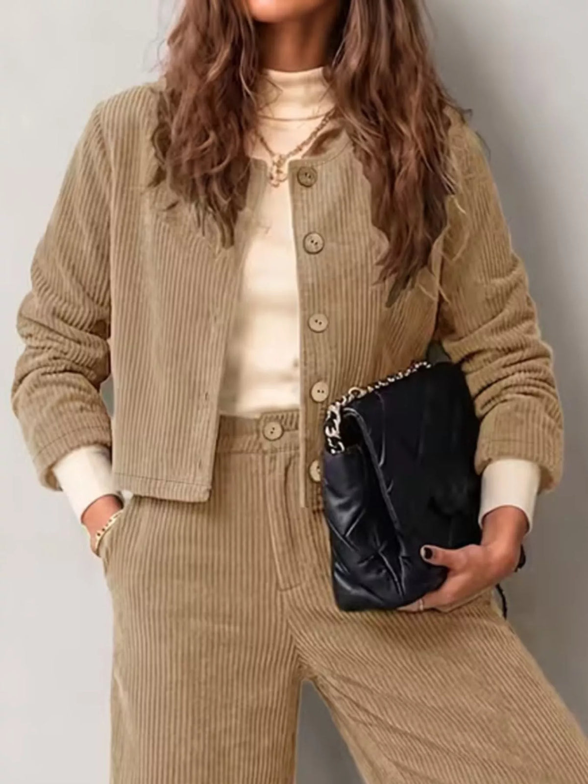 Corduroy Button-Down Jacket and Wide-Leg Pants Set