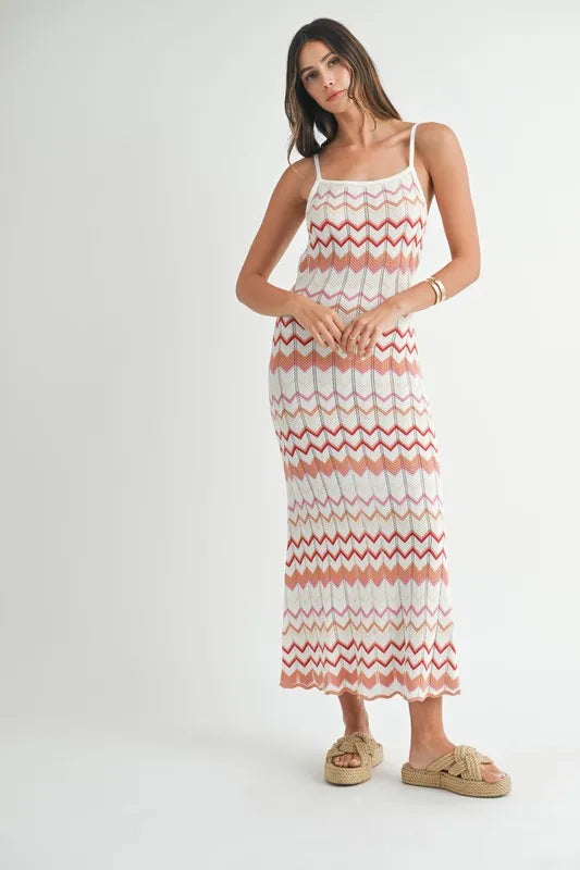Pointelle Chevron Knit Maxi Dress in Salmon