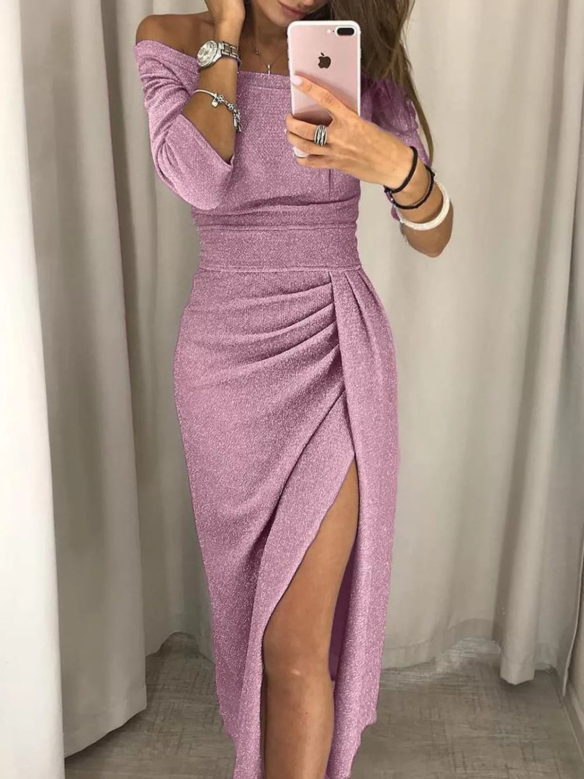Off-Shoulder Ruched Slit Midi Dress