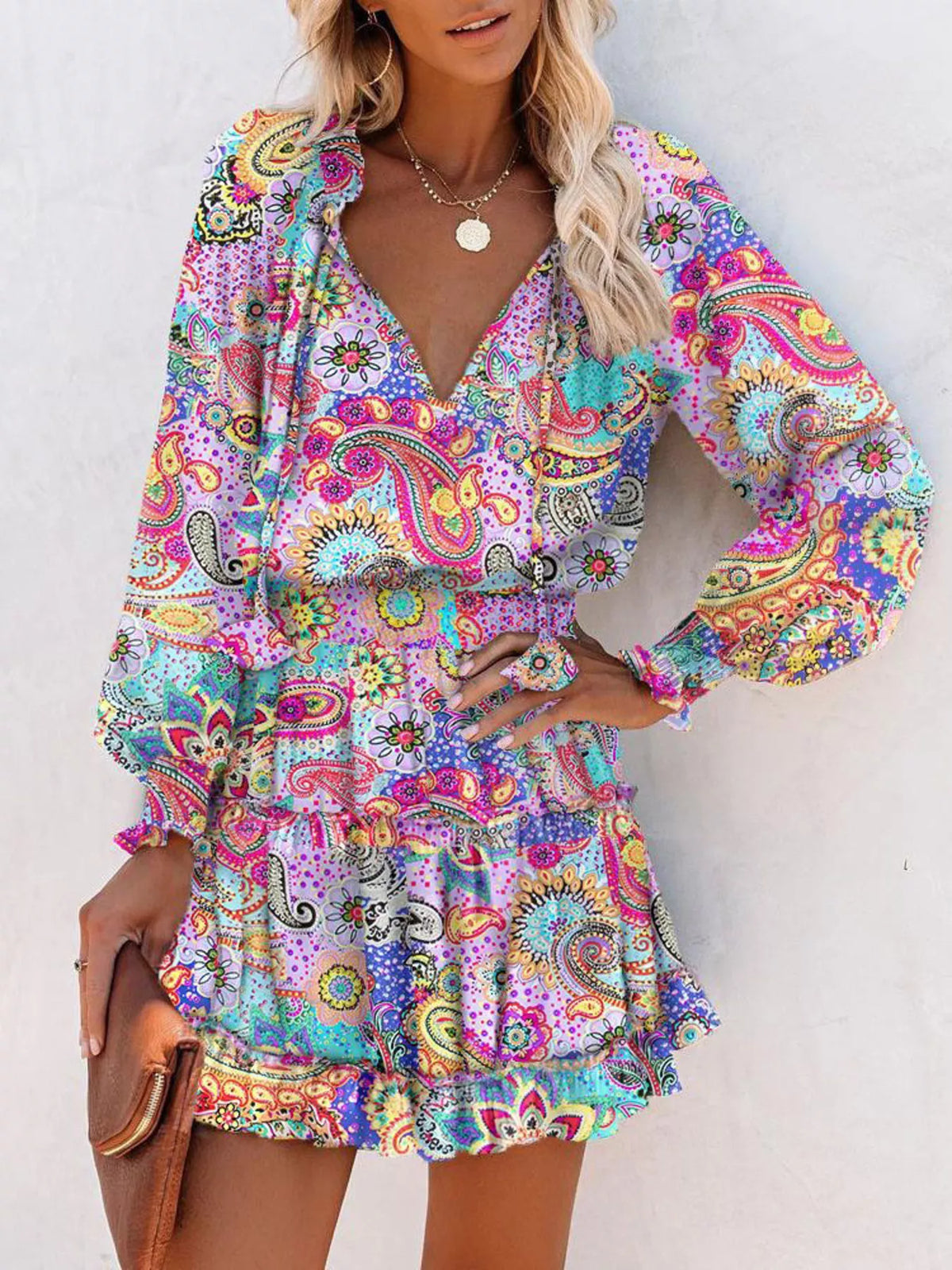 Tie-Neck Lantern Sleeve Dress with Tiered Ruffles