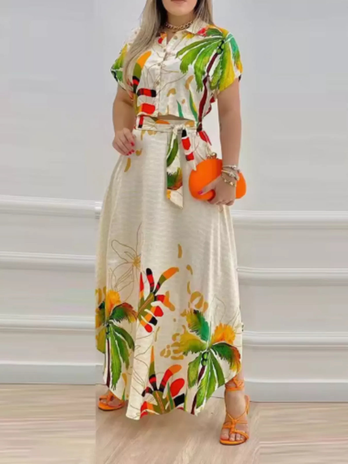 Tropical Floral Button-Up Crop Top & Maxi Skirt Set