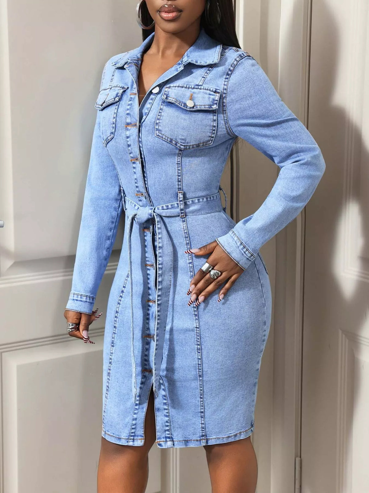 Button-Down Tie Waist Denim Dress in Blue