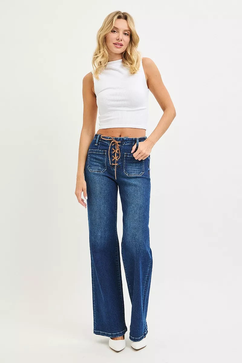 Risen High Rise Wide Leg Jeans with Front Tie in Dark Wash