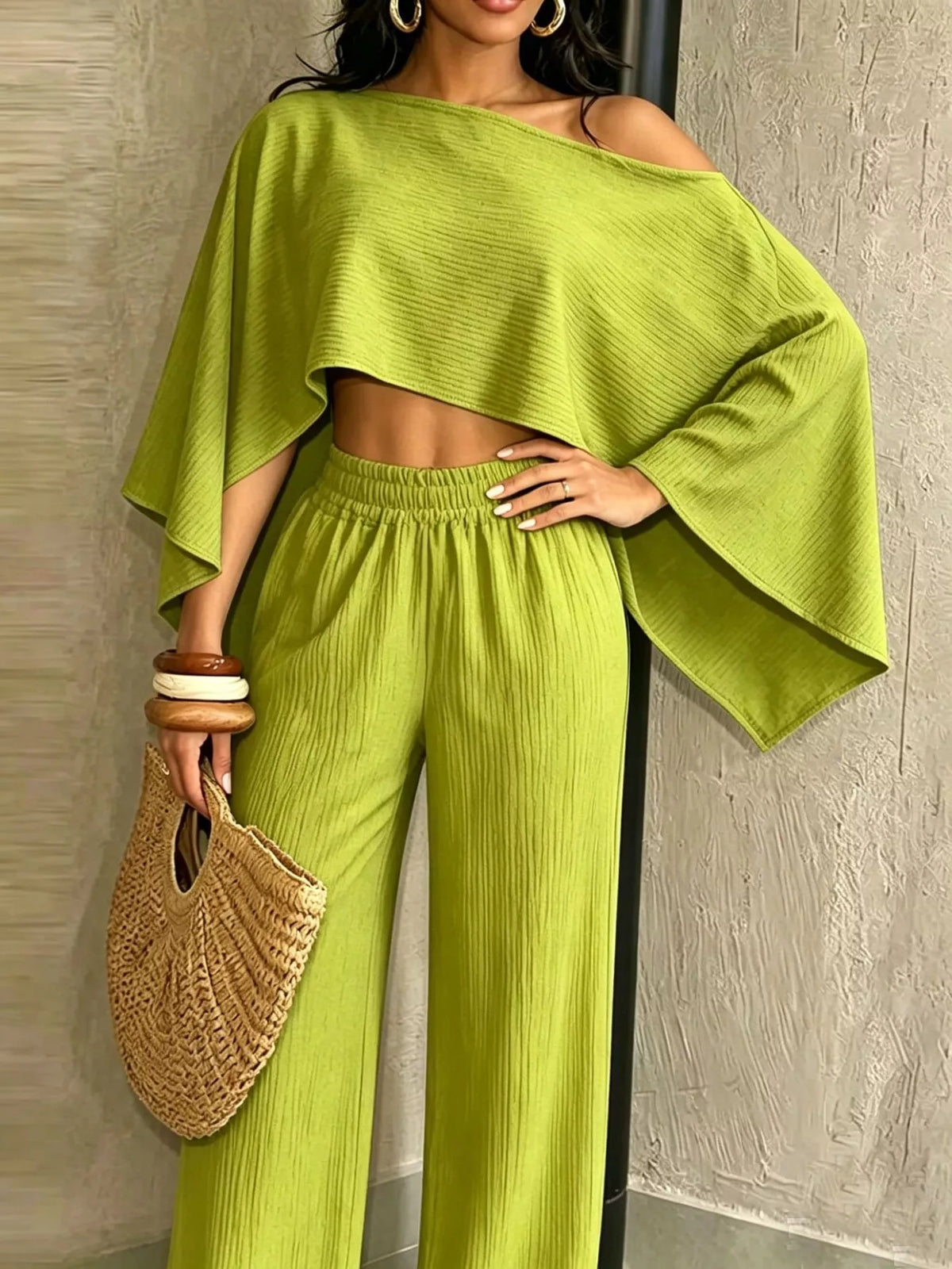 Boat Neck Crop Top and Wide-Leg Pants Set
