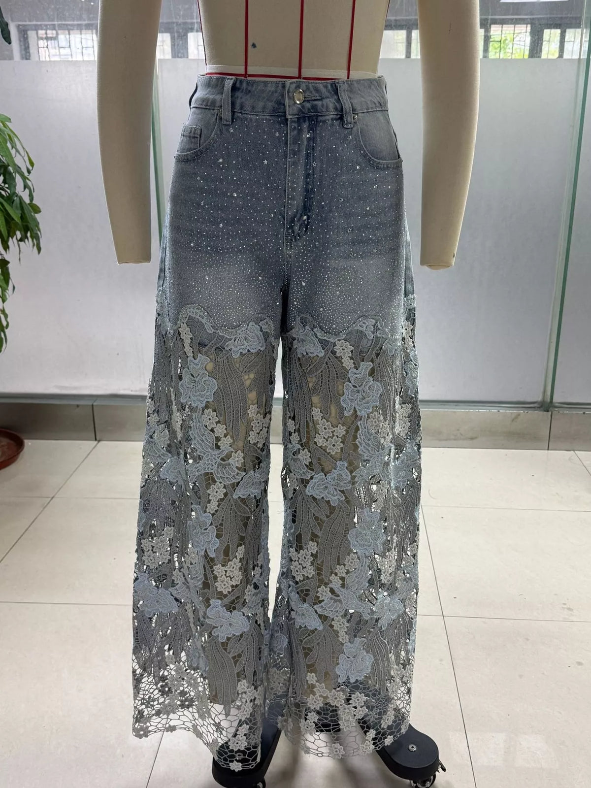 Lace Wide-Leg Jeans in Light Blue