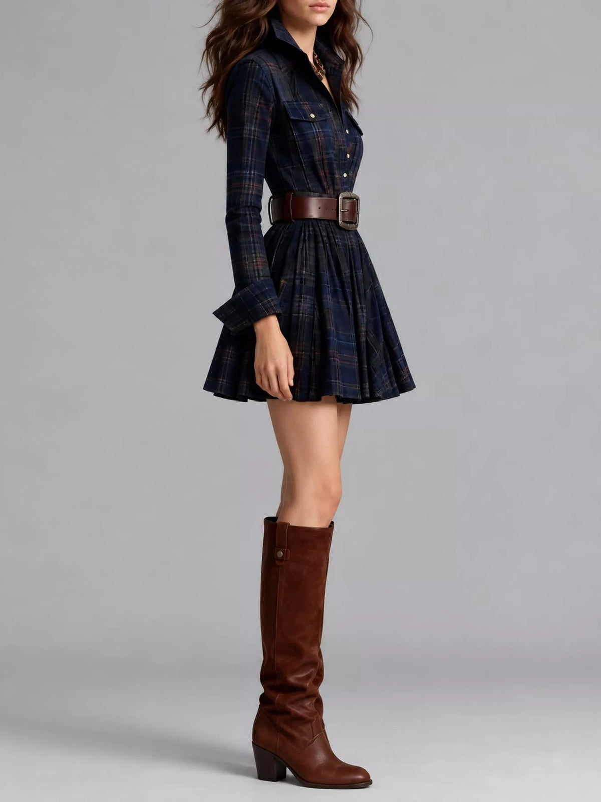 Plaid Long-Sleeve Shirt Dress with Belt