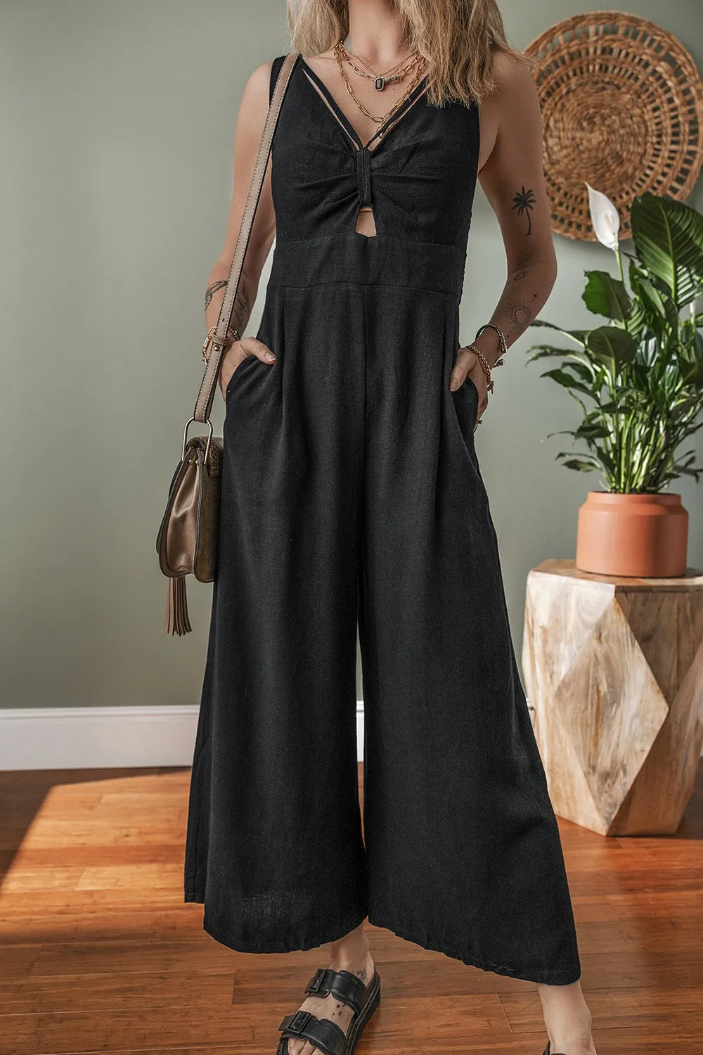 Front Cutout Smocked-Back Wide Leg Jumpsuit in Black