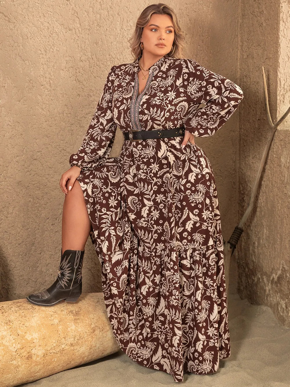 Notched Balloon Sleeve Maxi Dress in Chocolate