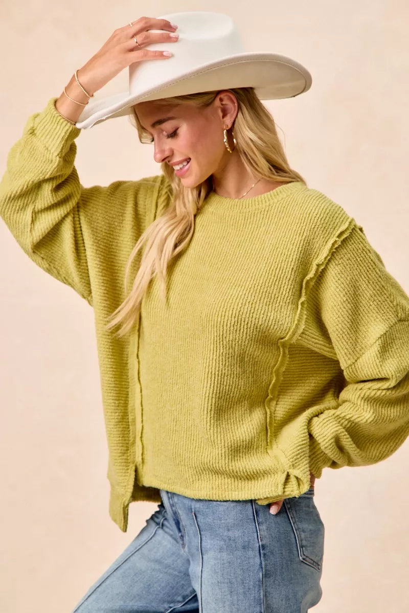 Boucle Uneven Hem Sweater in Lime by BiBi