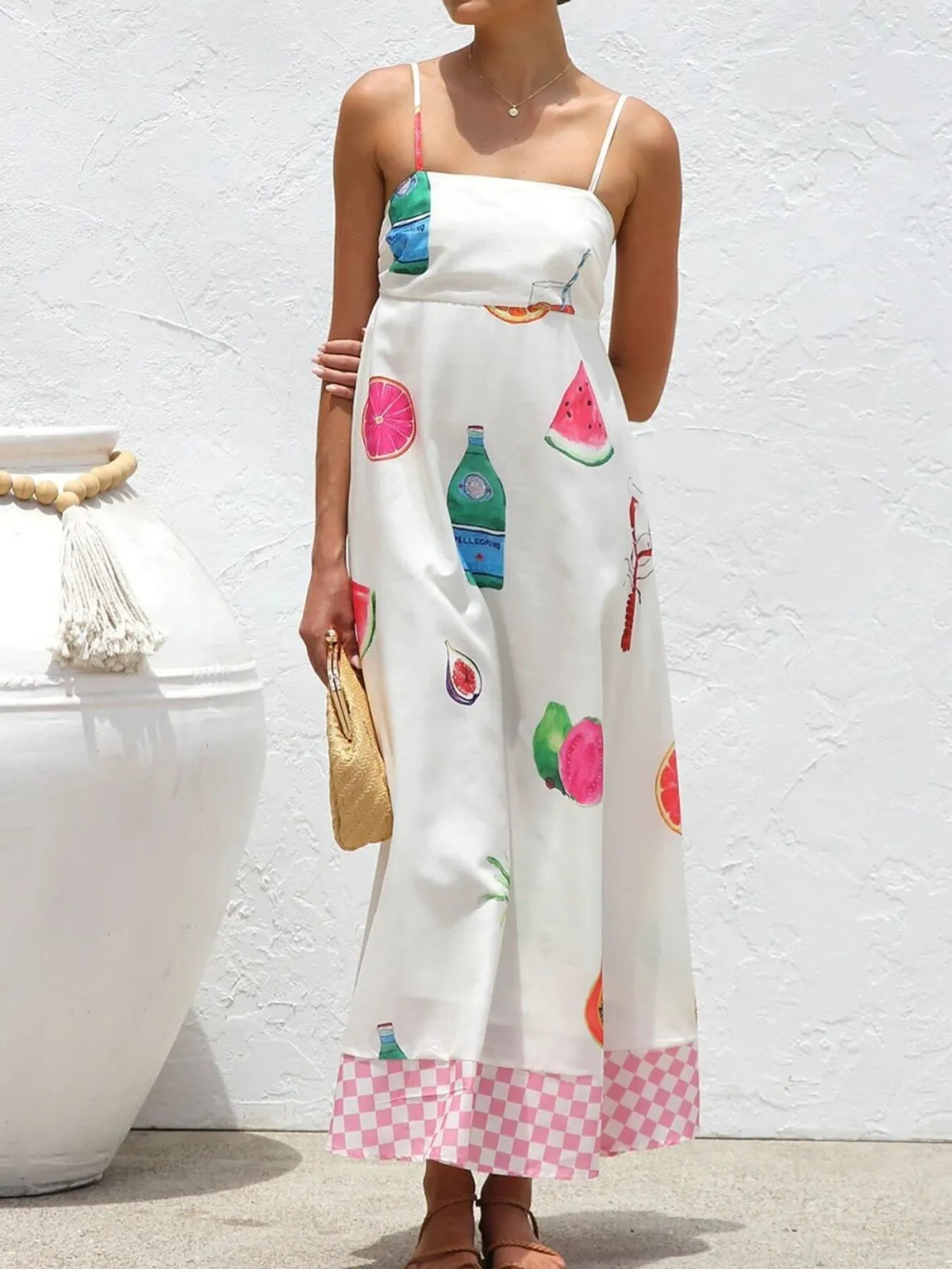 Printed Square Neck Maxi Cami Dress in White