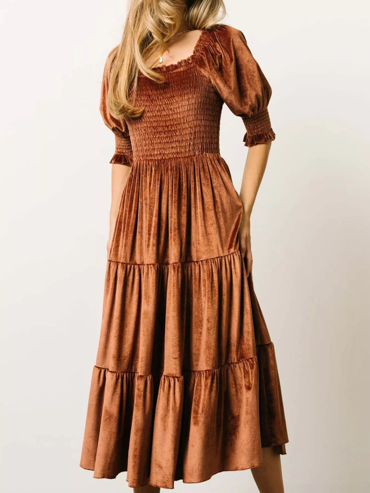 Smocked Tiered Velvet Midi Dress
