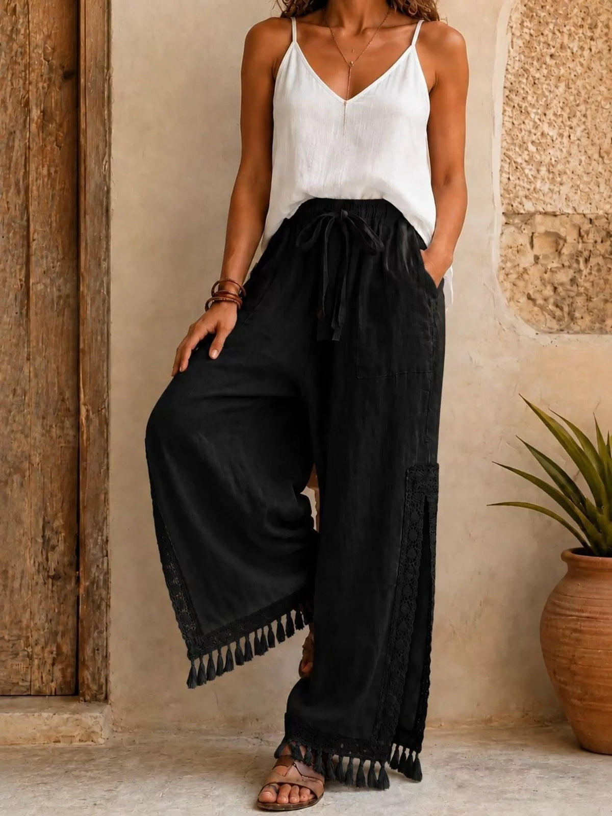 Lace-Detail Slit Wide Leg Pants