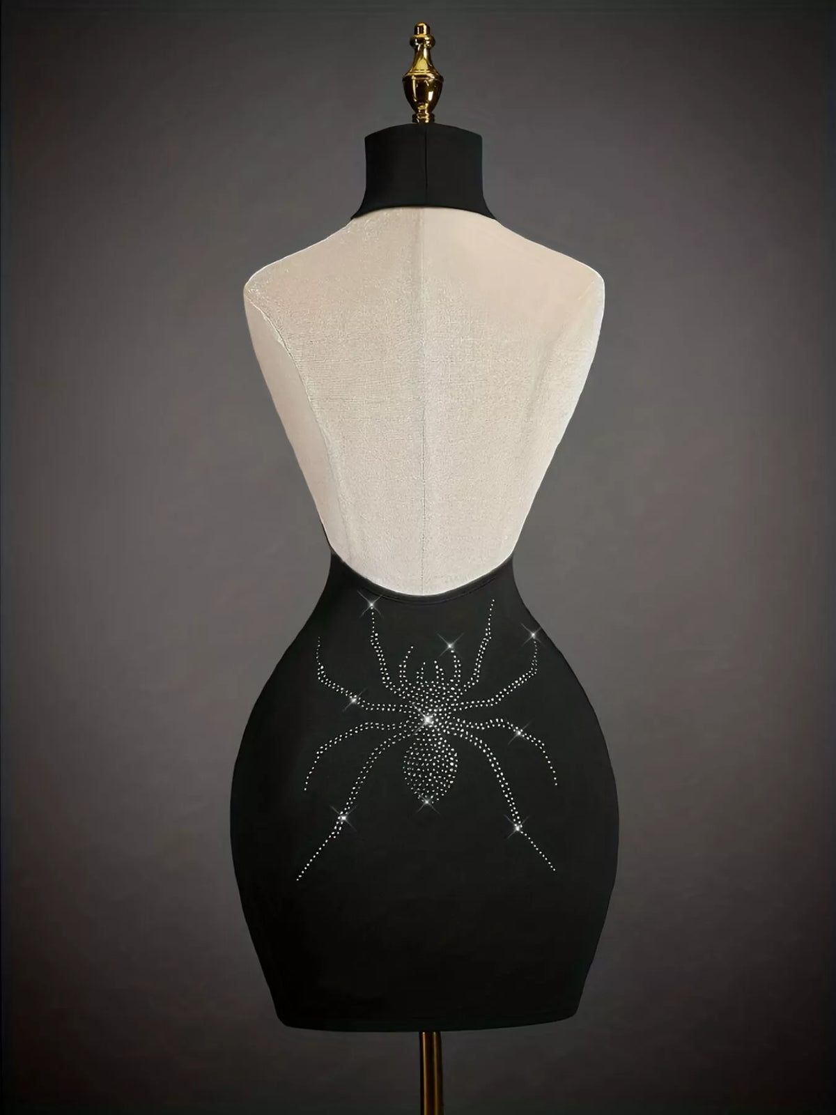 Rhinestone Spider Halter Neck Bodycon Dress in Black