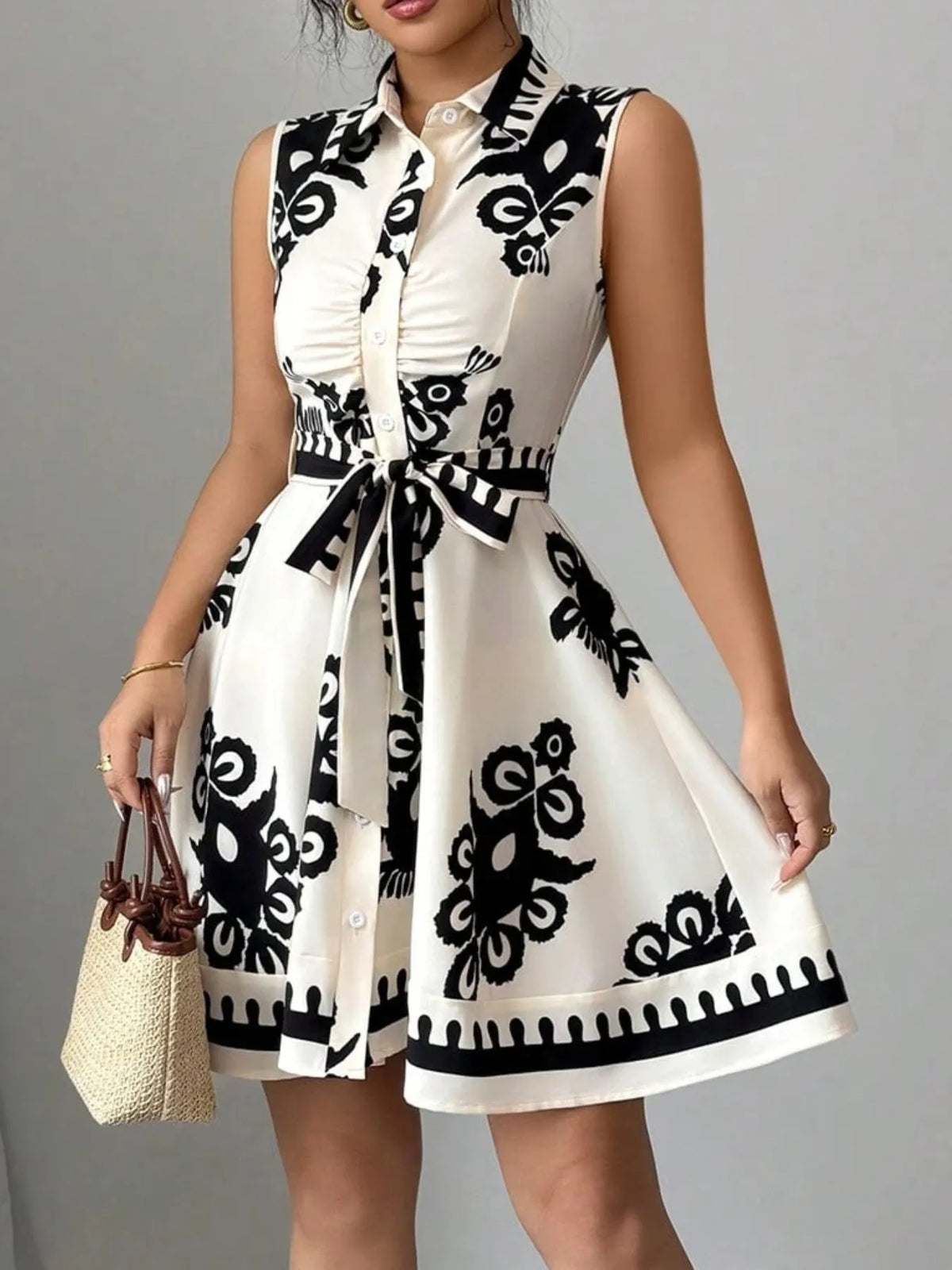 Printed Sleeveless Tie-Waist Mini Dress