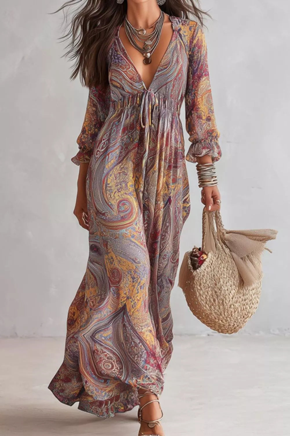 Paisley Print Smocked Maxi Dress in Multicolor