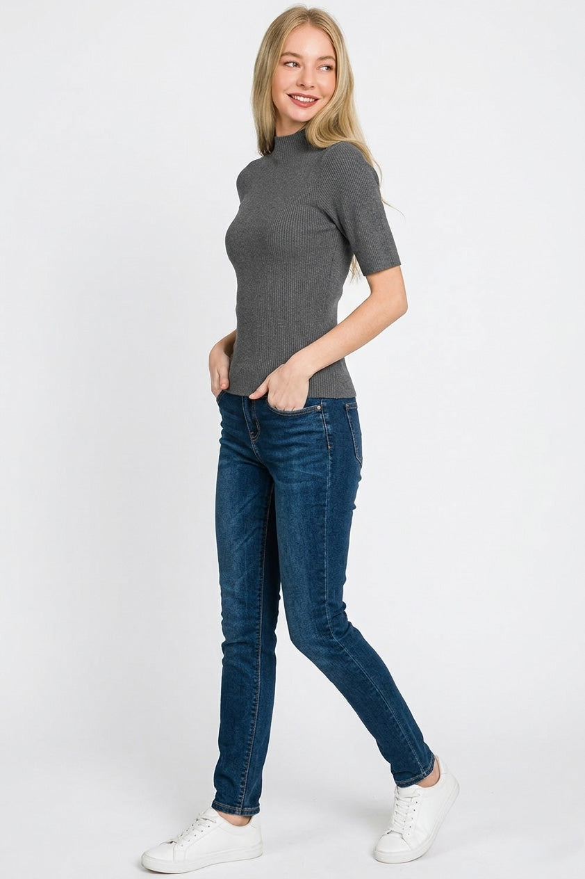 Zenana Ribbed Mock Neck Sweater in Charcoal