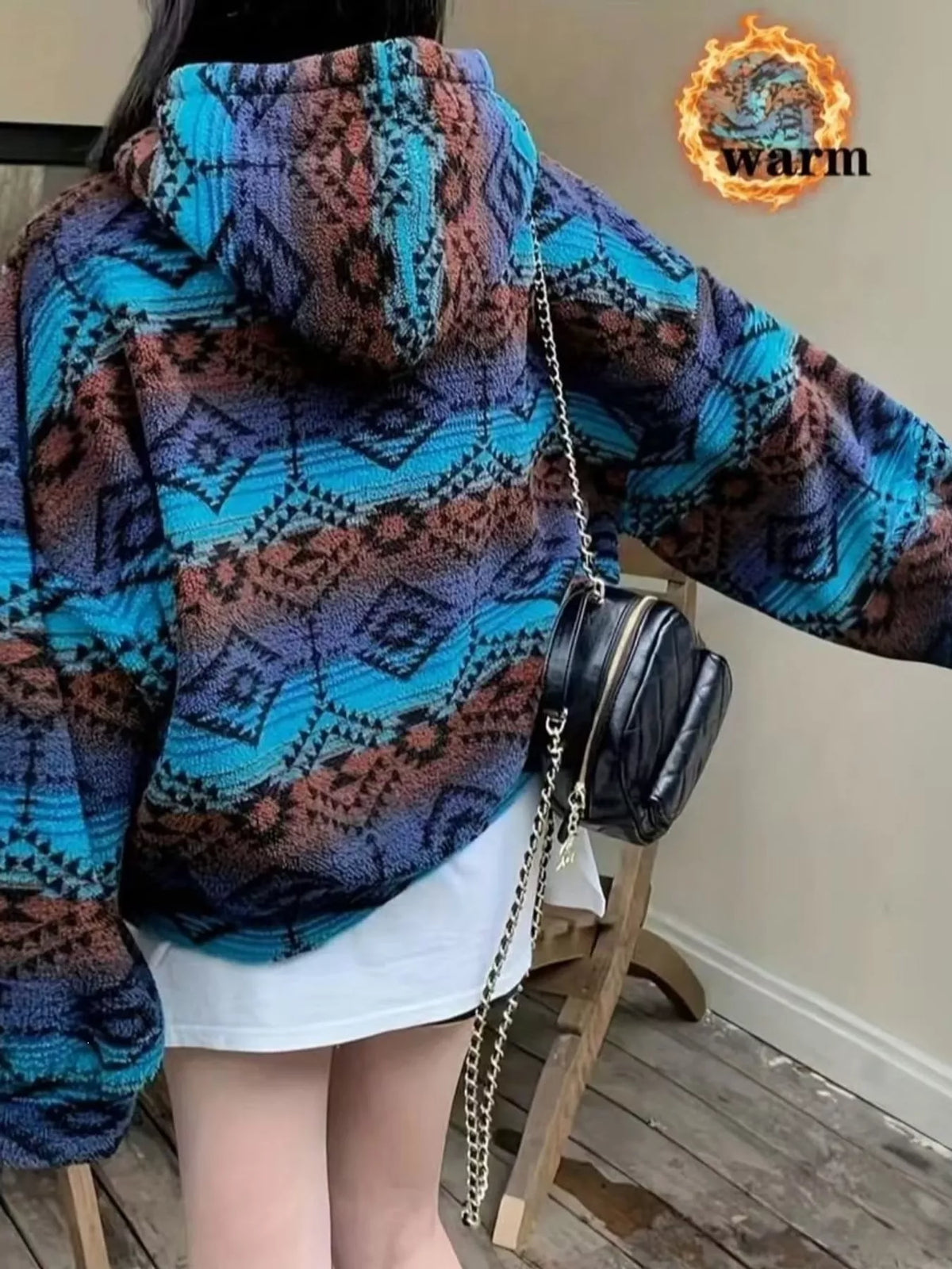 Geometric Print Fleece Zip-Up Jacket in Blue in Blue-Single Piece Jacket