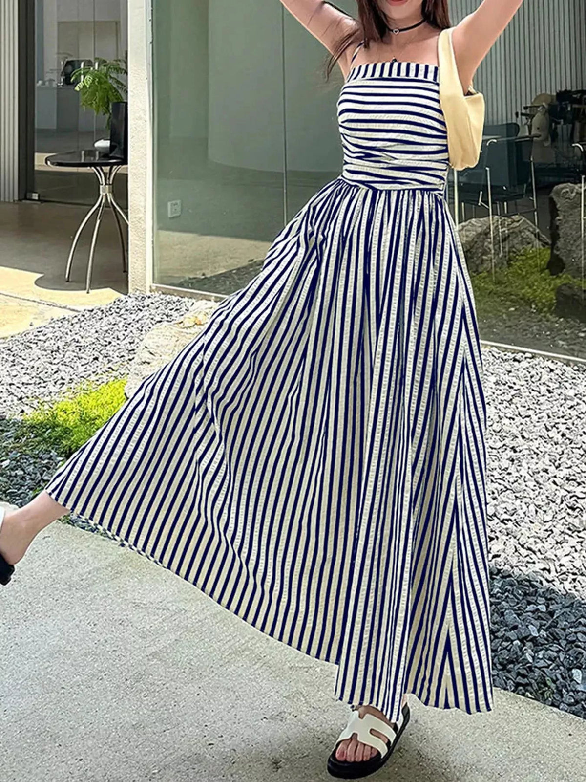 Striped Spaghetti-Strap A-Line Maxi Dress